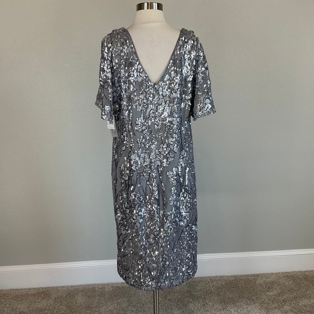 Alex Evenings Silver Cocktail Dress Sequin Short Sleeve V-Neck Sheath Size 14W - Picture 5 of 11